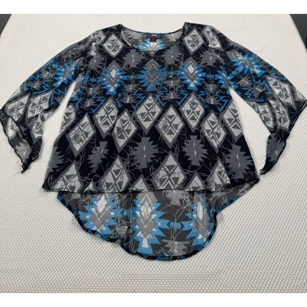 Rock & Roll Cowgirl Top XL Black Blue Southwestern Aztec Bell Sleeve High Low